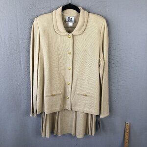 Mita Skirt Suit Womens 14 Beige Gold Button Knit Jacket Pleated Skirt Set Outfit